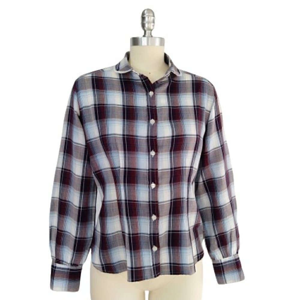 Women's Vintage 1970s Plaid Top Size S Prairie Dark Academia Blouse College Town